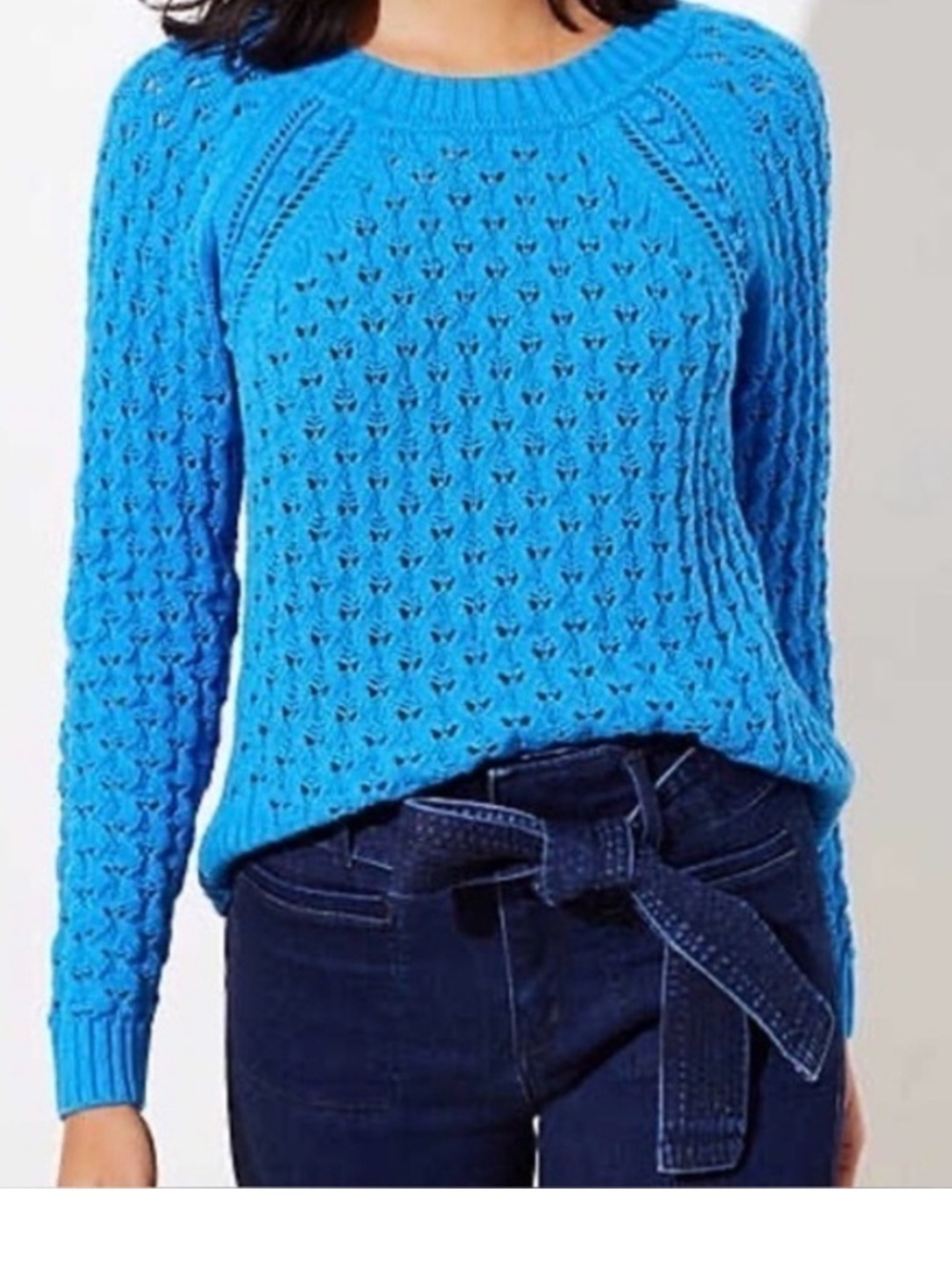 LOFT Blue Pointelle Knit Crewneck Sweater XL Cotton Blend Long Sleeve
